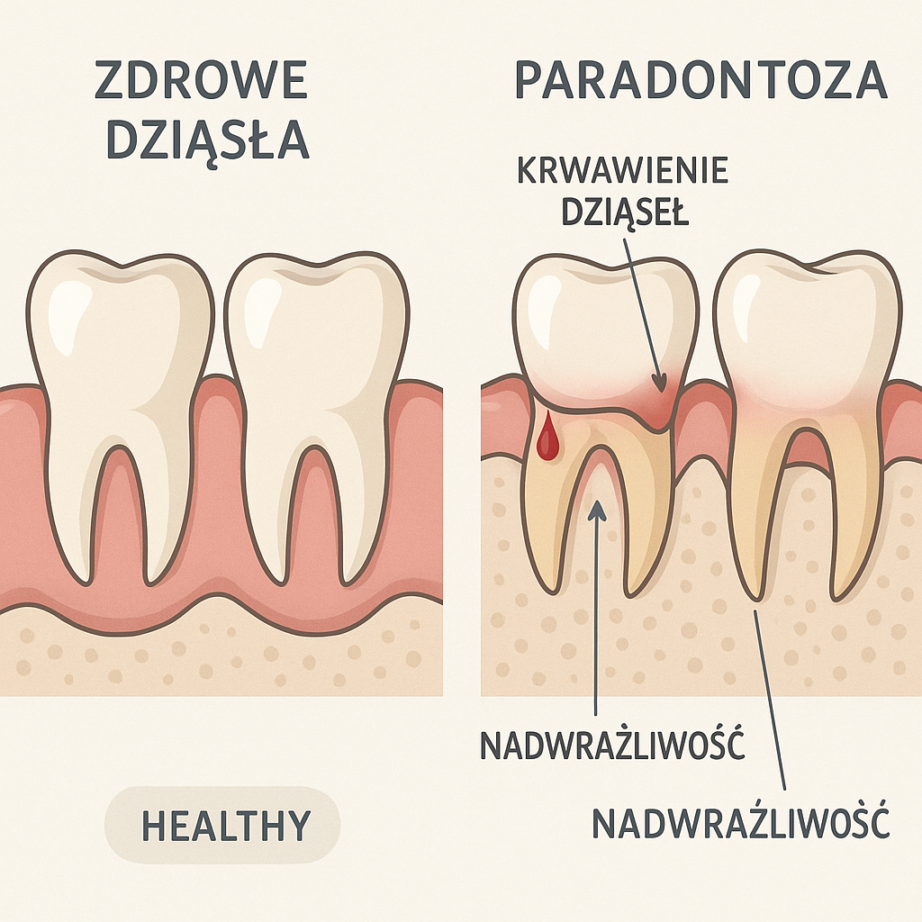 Objawy paradontozy i objawy zapalenia przyzębia – krwawienie dziąsła i rozchwianie zębów