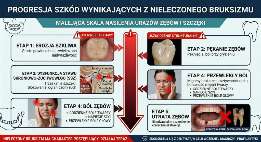 Infografika przedstawiająca progresję szkód wynikających z nieleczonego bruksizmu — od erozji szkliwa przez pękanie zębów i dysfunkcję stawu skroniowo-żuchwowego po przewlekły ból i utratę zębów