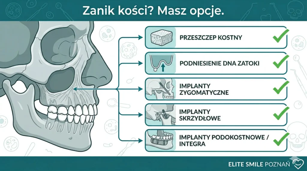 Zanik kości a opcje implantologiczne – schemat przedstawiający pięć rozwiązań: przeszczep kostny, podniesienie dna zatoki, implanty zygomatyczne, skrzydłowe i podokostnowe IntegraPrzeciwwskazania do implantow miniaturaImage · WEBP DownloadBezwzgledne wzgledne przeciwwskazania implantyImage · WEBP DownloadPalenie a ryzyko utraty implantuImage · WEBP DownloadZanik kosci opcje implantologiczneImage · WEBP DownloadDownload all