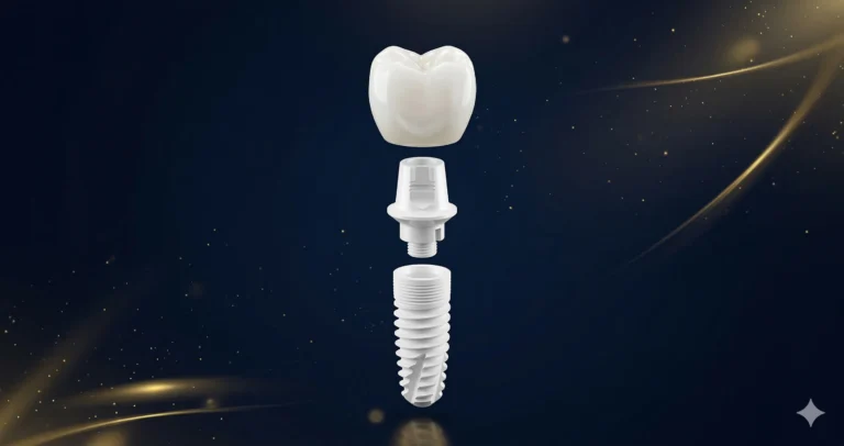 Implant cyrkonowy w widoku rozstrzelonym — śruba, łącznik i korona ceramiczna — Elite Smile Klinika Stomatologii Poznań