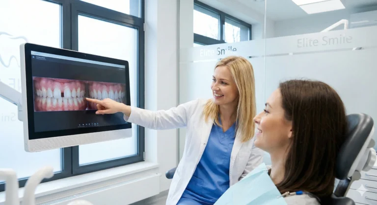 Lek. dent. Klara Muszyńska w klinice Elite Smile Poznań prezentuje pacjentce na monitorze efekt "przed i po" zamknięcia diastemy (przerwy między zębami) metodą bondingu.