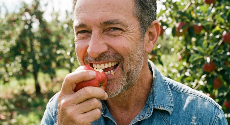 Uśmiechnięty mężczyzna w średnim wieku bez problemu gryzie twarde jabłko, ciesząc się stabilnymi zębami na implantach mimo wcześniejszych braków kostnych.