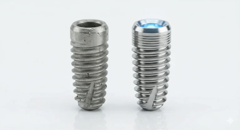 Porównanie taniego implantu zębowego słabej jakości z precyzyjnym systemem premium, takim jak Nobel Biocare, stosowanym w metodzie All-on-4 w klinice Elite Smile.