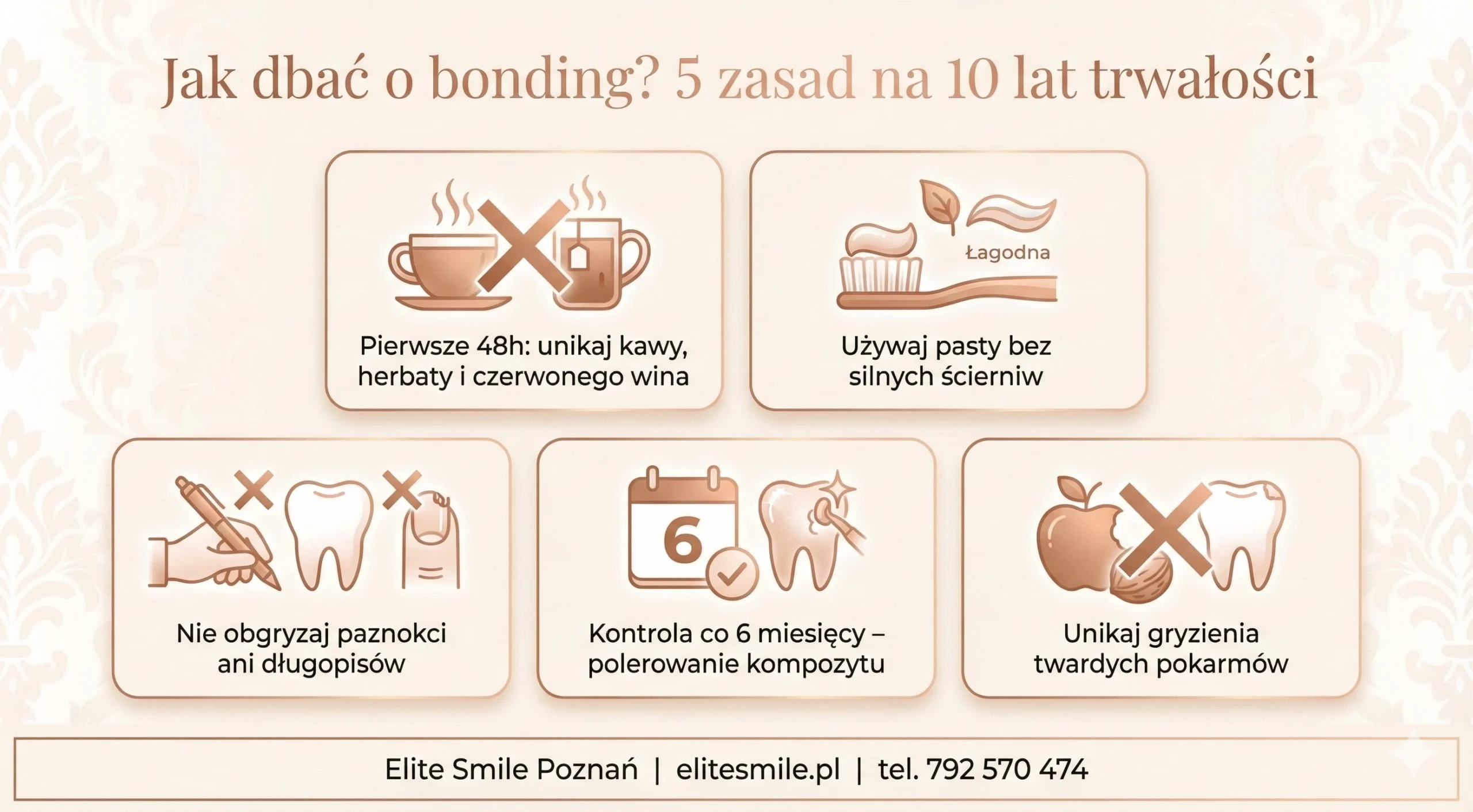 Pielęgnacja po bondingu zębów – 5 zasad trwałości: unikaj kawy przez 48h, pasta bez ścierniw, nie obgryzaj paznokci, kontrola co 6 miesięcy, unikaj twardych pokarmów – Elite Smile Poznań