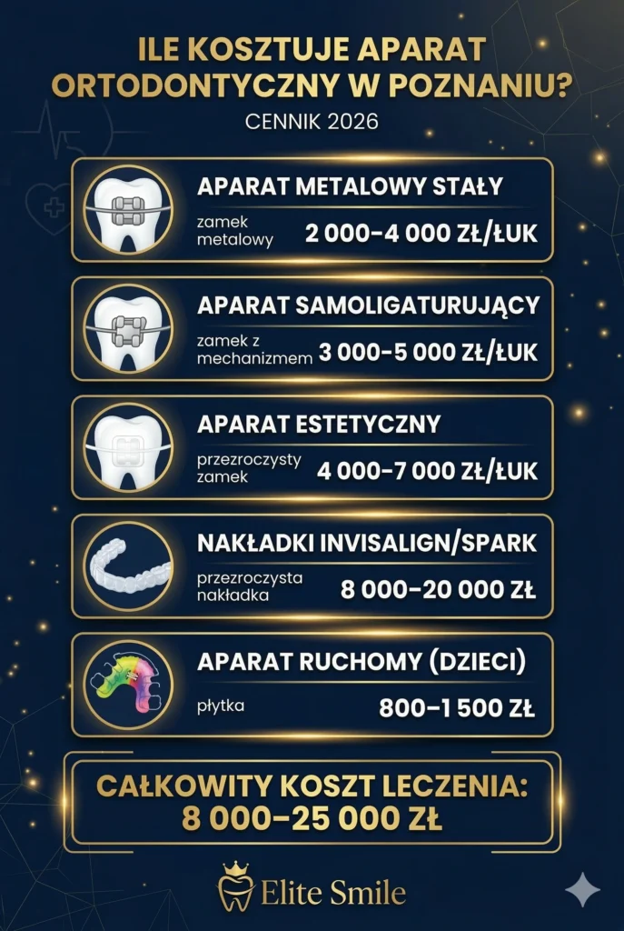 Porównanie cen aparatów ortodontycznych w Poznaniu 2026 - metalowy, samoligaturujący, estetyczny, Invisalign, ruchomy