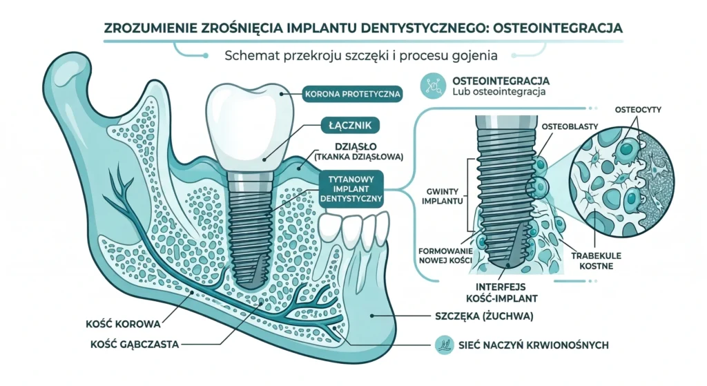 Przekrój kości szczęki z implantem tytanowym w trakcie osteointegracji – infografika medyczna