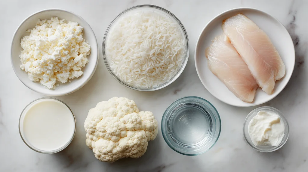 Produkty dozwolone w białej diecie po wybielaniu zębów — ryż, kurczak, kalafior, biała ryba, jogurt, woda