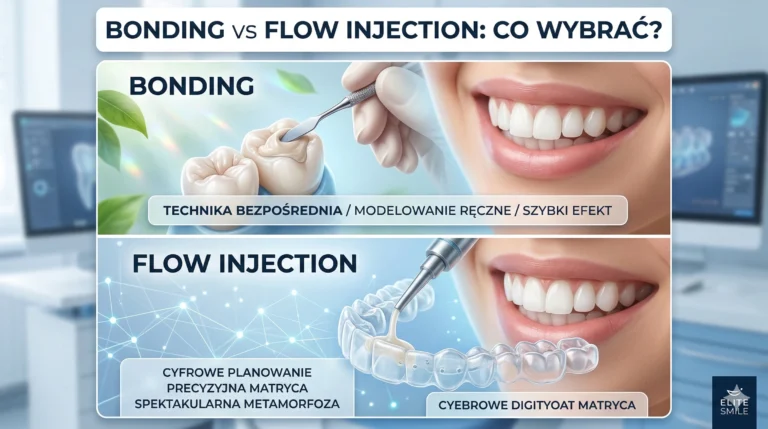 Infografika porównująca metody stomatologii estetycznej: Bonding vs Flow Injection. Górna część ukazuje dłoń dentysty ręcznie modelującą ząb (technika bezpośrednia), dolna przedstawia przezroczystą szynę z płynnym kompozytem (cyfrowe planowanie). Tło to nowoczesny gabinet stomatologiczny.