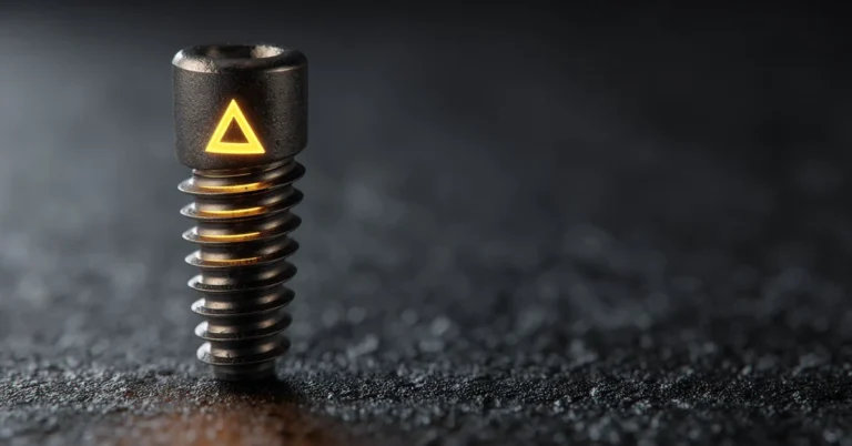 Tytanowy implant zębowy ze świecącym złotym symbolem ostrzeżenia – przyczyny niepowodzenia implantacji | Elite Smile Poznań