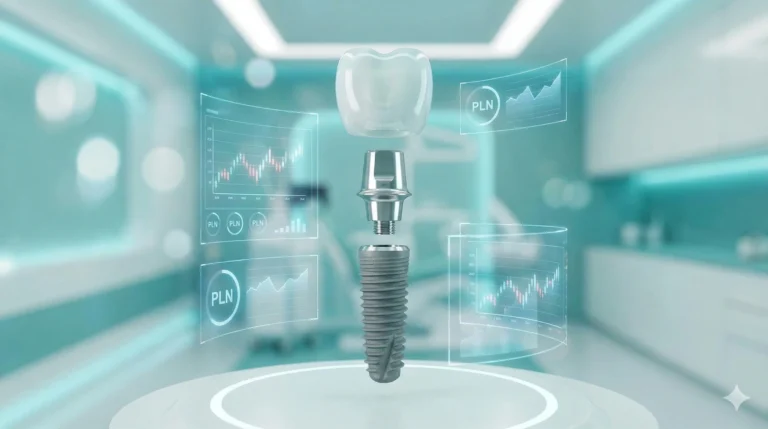 Widok rozstrzelony nowoczesnego implantu zębowego składającego się z tytanowej śruby, łącznika i ceramicznej korony, unoszący się w futurystycznym gabinecie medycznym z hologramami cen w PLN.