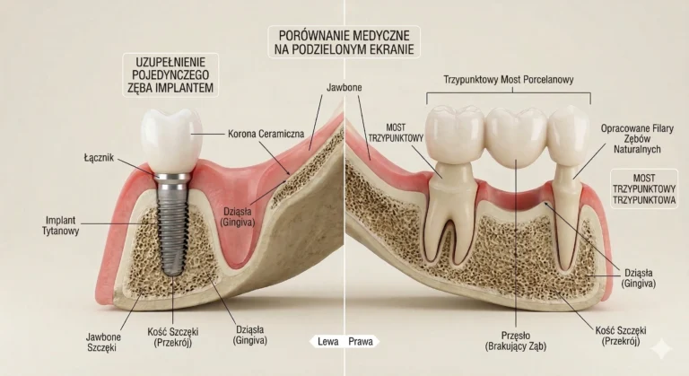 Porównanie implantu i mostu — przekrój anatomiczny szczęki...
