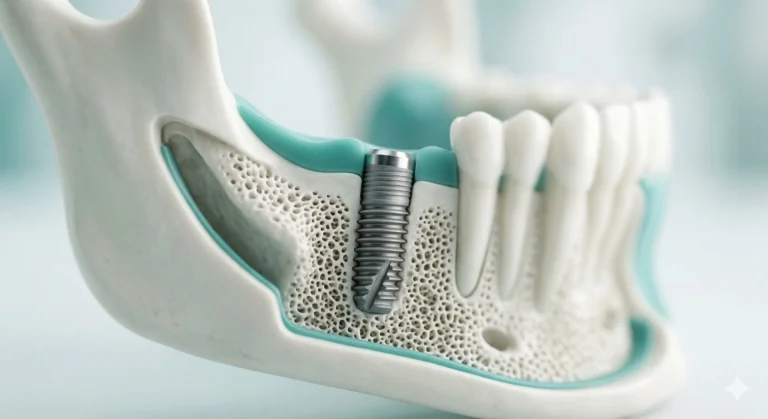 Pojedynczy implant tytanowy osadzony w modelu kości szczęki – zdjęcie studyjne w wysokiej rozdzielczości