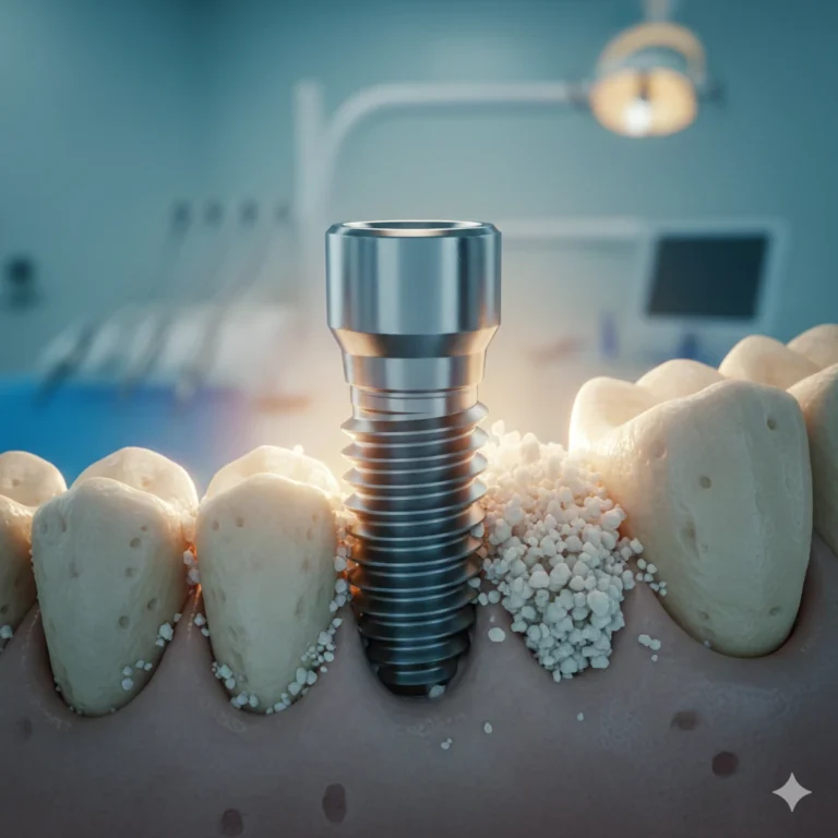 Makrofotografia medyczna przedstawiająca tytanowy implant stomatologiczny osadzany w kości szczęki. Srebrzysta, gwintowana śruba implantu jest precyzyjnie umieszczona między naturalnymi zębami, otoczona białym materiałem do regeneracji kości (granulatem kostnym). Tło jest rozmyte, ukazując sterylny gabinet dentystyczny w chłodnym, błękitnym oświetleniu z ciepłymi, złotymi refleksami padającymi bezpośrednio na miejsce zabiegu. Całość ma nowoczesny, kinowy charakter i wysoką szczegółowość tekstur.