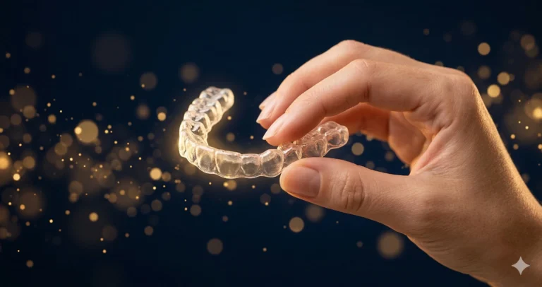 Przezroczysta nakładka ortodontyczna Invisalign trzymana w dłoni — leczenie ortodontyczne Elite Smile Poznań