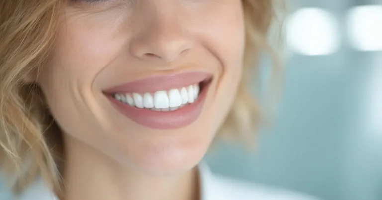 Uśmiechnięta kobieta po 30. roku życia z idealnie prostymi zębami po leczeniu ortodontycznym — ortodoncja dla dorosłych Elite Smile Poznań