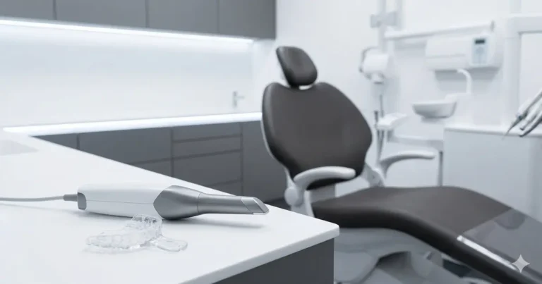 Pierwsza wizyta u ortodonty — skaner intraoral 3D i nakładka ortodontyczna na blacie obok grafitowego fotela w nowoczesnym gabinecie ortodontycznym w Poznaniu