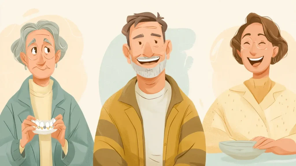 Ilustracja trzech typów pacjentów: rozważających protezę ruchomą, overdenture i stały most na implantach