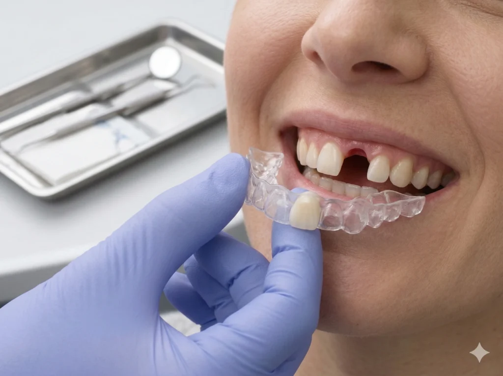 Ruchoma proteza tymczasowa typu szyna Essex obok uśmiechu pacjenta z brakującym zębem przednim