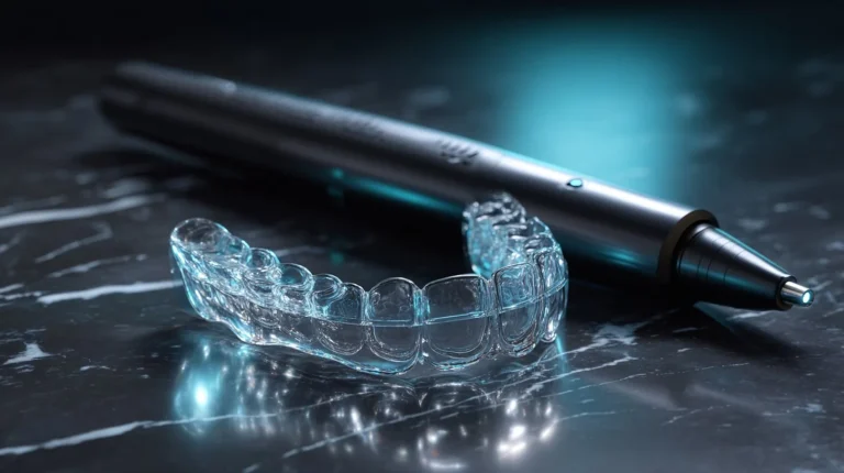 Przezroczysta szyna zgryzowa na bruksizm obok skanera stomatologicznego 3D — zdjęcie produktowe dla kliniki Elite Smile Poznań