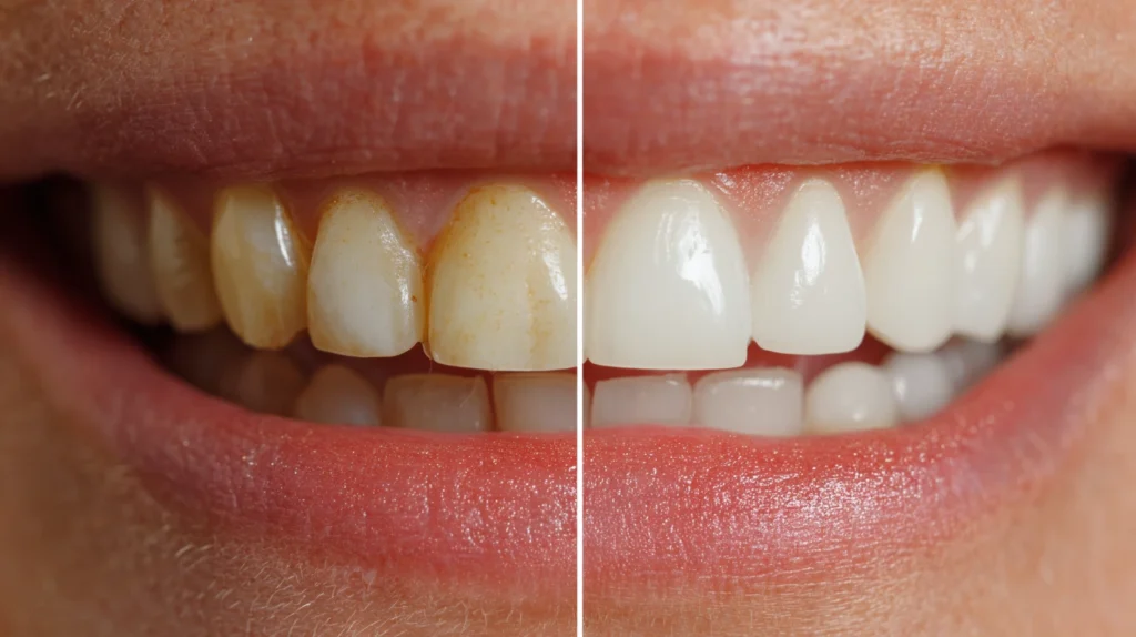 Porównanie efektu wybielania zębów przed i po zabiegu w klinice Elite Smile Poznań — widoczne rozjaśnienie szkliwa o kilka odcieni
