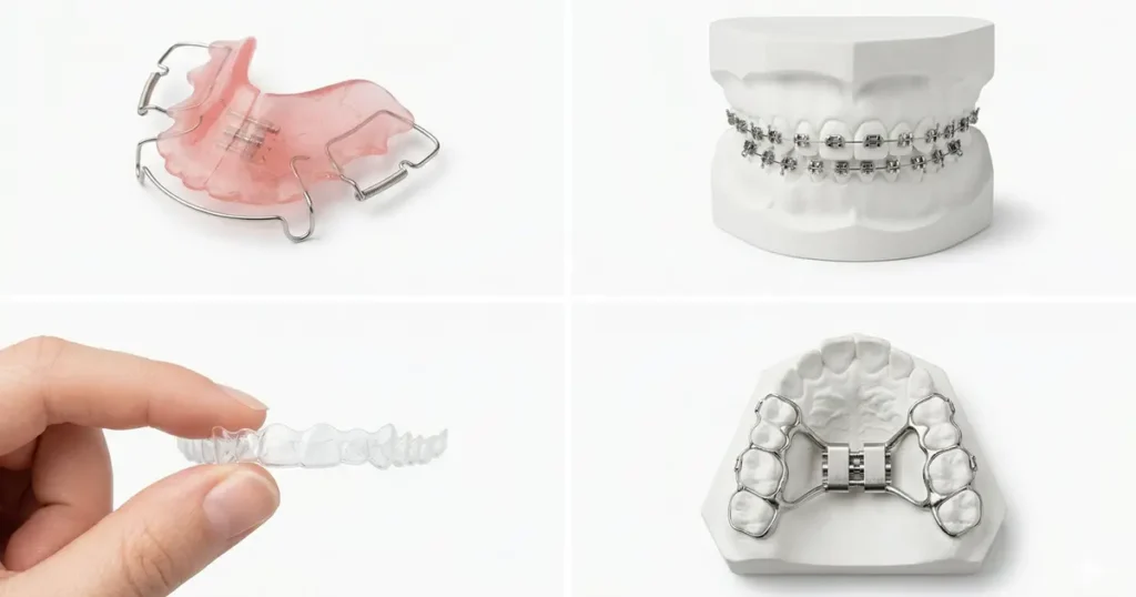 Cztery rodzaje aparatów — ruchomy, stały, nakładki, Hyrax