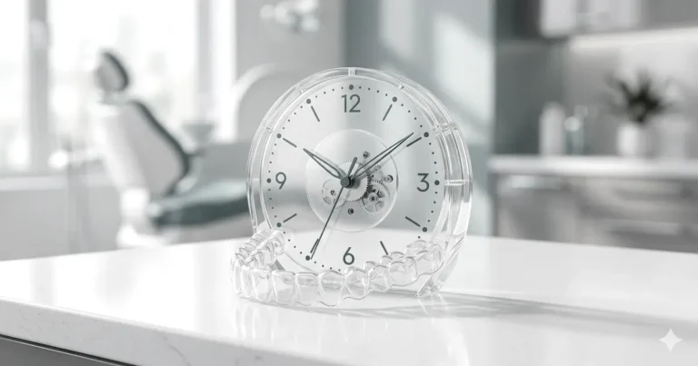 Przezroczysty zegar z nakładką ortodontyczną na tle nowoczesnego gabinetu — ile trwa leczenie ortodontyczne w Elite Smile Poznań
