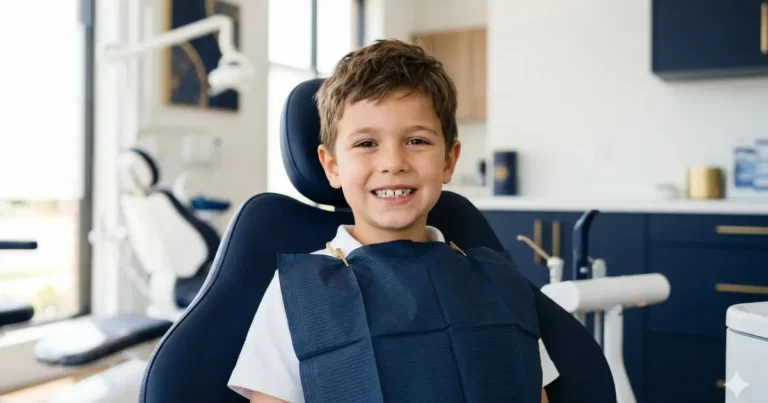 Uśmiechnięty chłopiec na fotelu ortodontycznym — konsultacja w Elite Smile Poznań