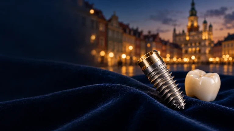 Tytanowy implant zębowy i korona ceramiczna na tle Starego Rynku w Poznaniu – przewodnik, gdzie najlepiej zrobić implanty w Poznaniu w 2026 roku