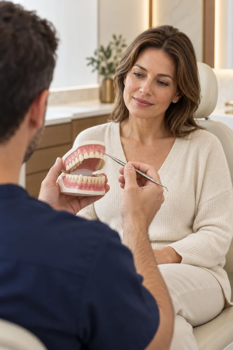 Periodontolog w Poznaniu omawia z pacjentem leczenie dziąseł na modelu szczęki
